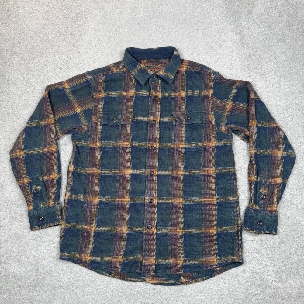 Orvis Mens Plaid Flannel Shirt Blue Green Orange Heavy Cotton Size Medium